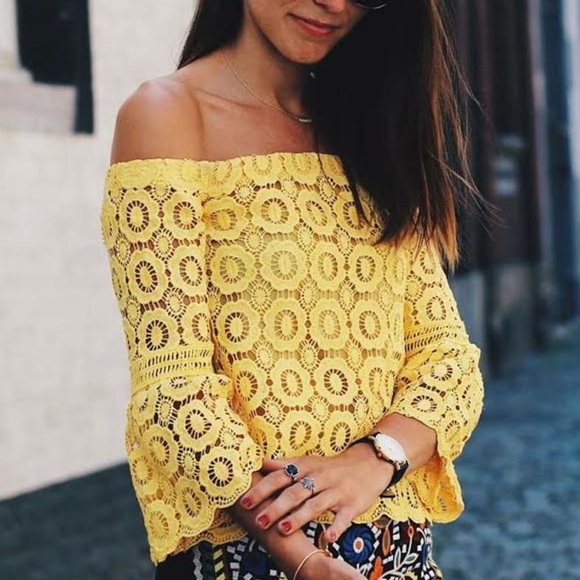 Lulu’s Yellow Crochet Lace Off Shoulder Blouse Top - Picture 3 of 16